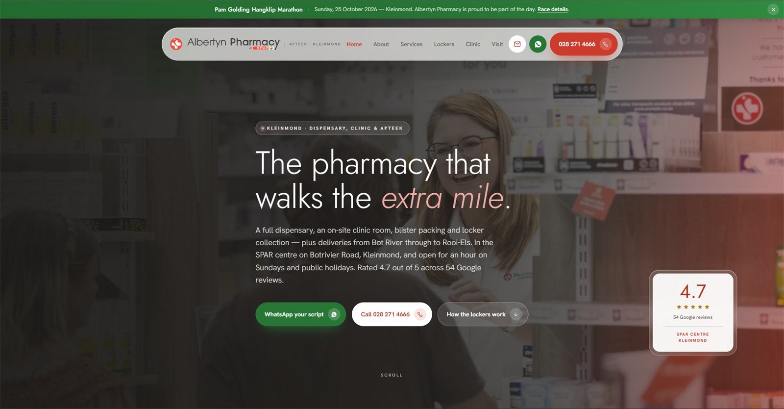 Albertyn Pharmacy website home page — full-bleed photo of a pharmacist serving a customer, a floating pill-shaped navbar with call and WhatsApp buttons, and a Google rating card